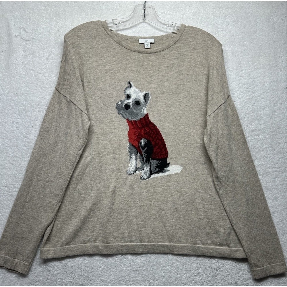 J. Jill Womens Size PS Beige Long Sleeve Weston the Dog Terrier Sweater (S2)